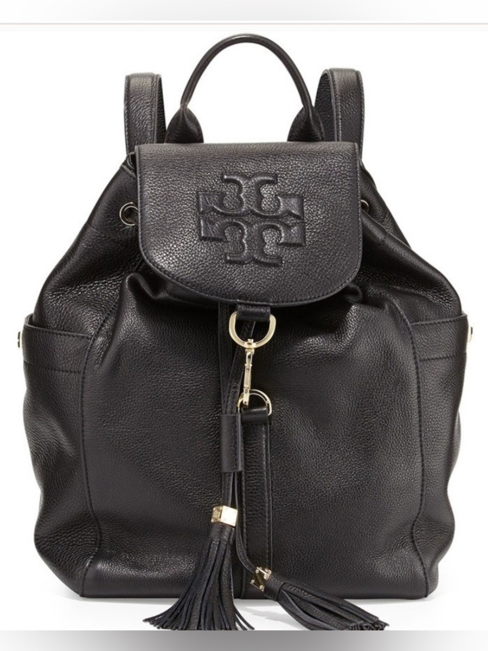 Tory Burch Black Logo-Print Interior with Gold Plaque hardware.